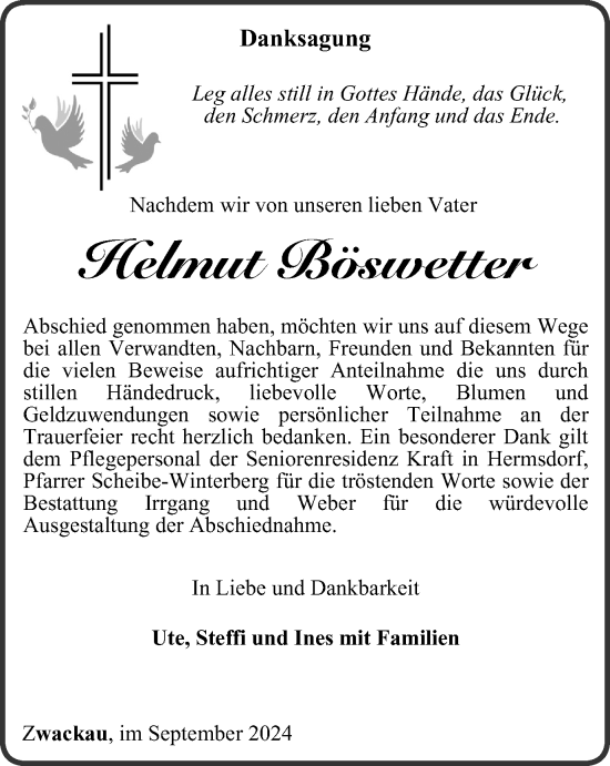 Traueranzeige von Helmut Böswetter von Ostthüringer Zeitung