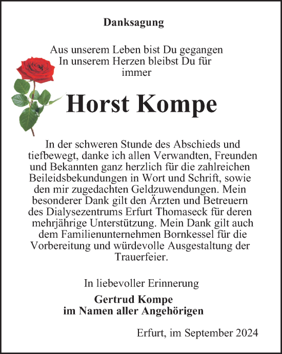 Traueranzeige von Horst Kompe von Thüringer Allgemeine, Thüringische Landeszeitung