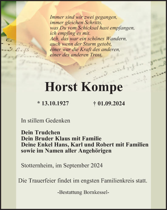 Traueranzeige von Horst Kompe von Thüringer Allgemeine, Thüringische Landeszeitung