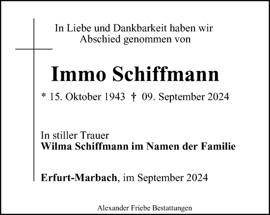 Traueranzeige von Immo Schiffmann von Thüringer Allgemeine, Thüringische Landeszeitung