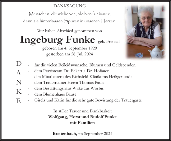 Traueranzeige von Ingeburg Funke von Thüringer Allgemeine