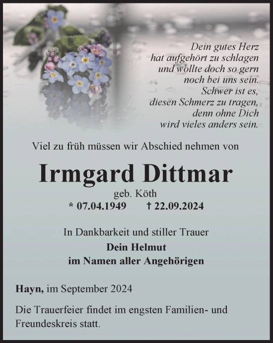 Traueranzeige von Irmgard Dittmar von Thüringer Allgemeine, Thüringische Landeszeitung