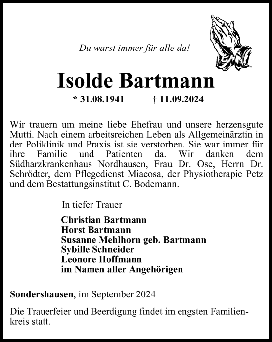 Traueranzeige von Isolde Bartmann von Thüringer Allgemeine