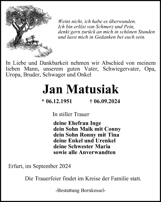 Traueranzeige von Jan Matusiak von Thüringer Allgemeine, Thüringische Landeszeitung