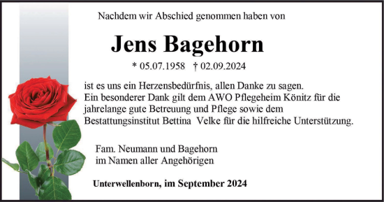 Traueranzeige von Jens Bagehorn von Ostthüringer Zeitung