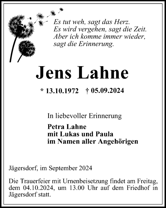 Traueranzeige von Jens Lahne von Ostthüringer Zeitung, Thüringische Landeszeitung