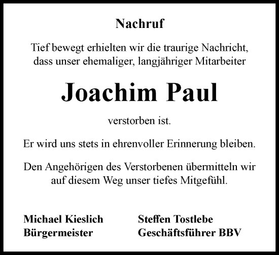 Traueranzeige von Joachim Paul von Ostthüringer Zeitung