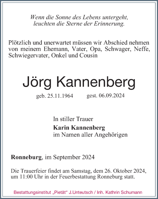 Traueranzeige von Jörg Kannenberg von Ostthüringer Zeitung