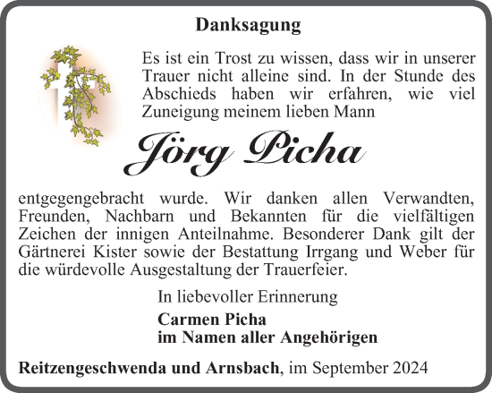 Traueranzeige von Jörg Picha von Ostthüringer Zeitung