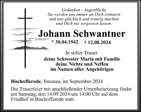Traueranzeige von Johann Schwantner von Thüringer Allgemeine