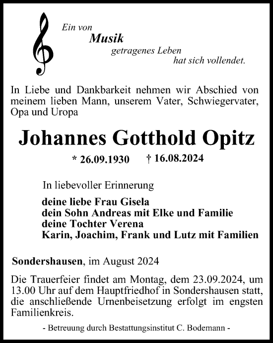 Traueranzeige von Johannes Gotthold Opitz