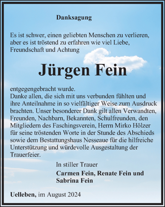 Traueranzeige von Jürgen Fein von Thüringer Allgemeine, Thüringische Landeszeitung