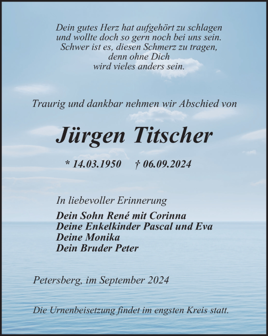 Traueranzeige von Jürgen Titscher von Ostthüringer Zeitung