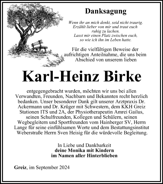 Traueranzeige von Karl-Heinz Birke von Ostthüringer Zeitung