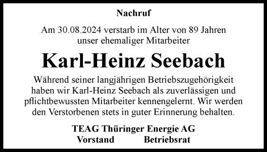 Traueranzeige von Karl-Heinz Seebach von Thüringer Allgemeine, Thüringische Landeszeitung