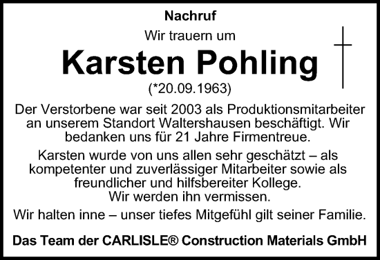 Traueranzeige von Karsten Pohling von Thüringer Allgemeine, Thüringische Landeszeitung