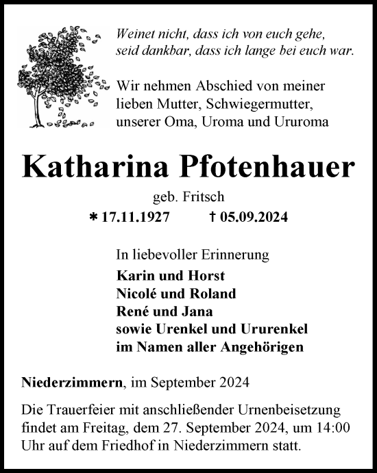 Traueranzeige von Katharina Pfotenhauer von Thüringer Allgemeine, Thüringische Landeszeitung