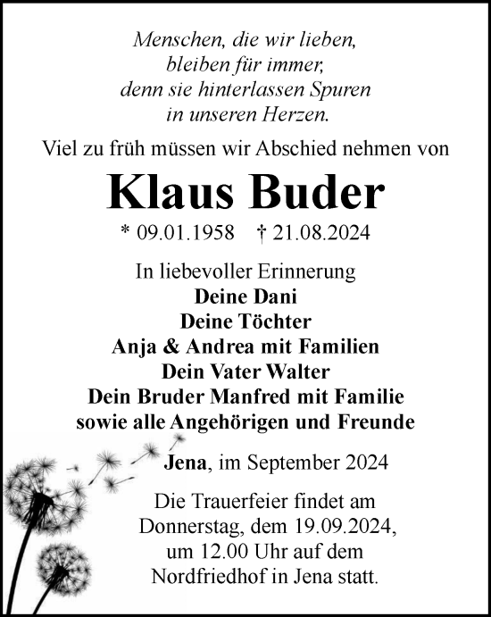 Traueranzeige von Klaus Buder von Ostthüringer Zeitung, Thüringische Landeszeitung