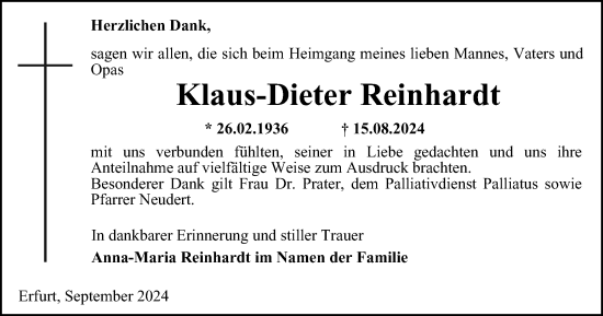 Traueranzeige von Klaus-Dieter Reinhardt von Thüringer Allgemeine, Thüringische Landeszeitung