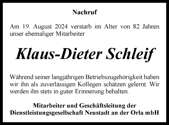 Traueranzeige von Klaus-Dieter Schleif von Ostthüringer Zeitung