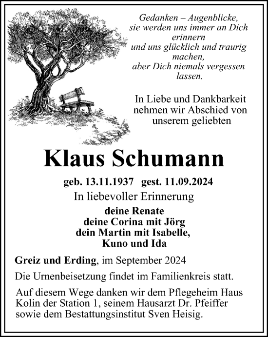 Traueranzeige von Klaus Schumann von Ostthüringer Zeitung