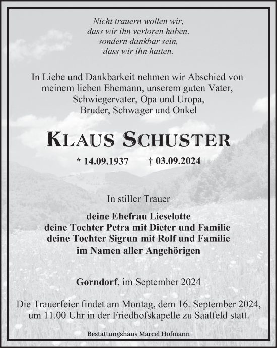 Traueranzeige von Klaus Schuster von Ostthüringer Zeitung