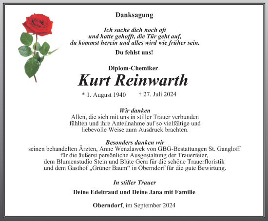 Traueranzeige von Kurt Reinwarth von Ostthüringer Zeitung