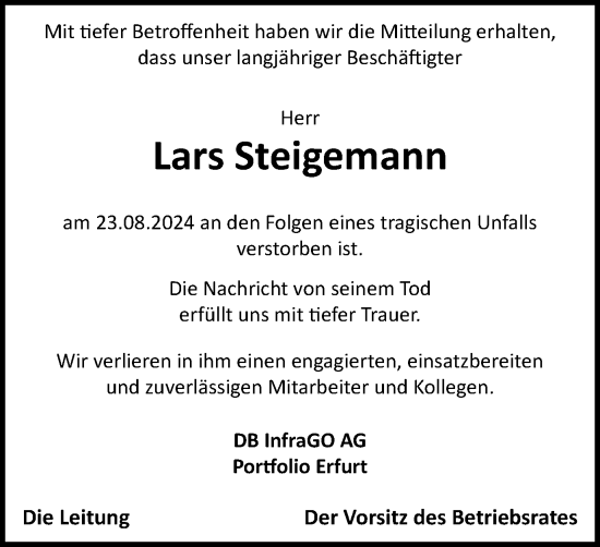 Traueranzeige von Lars Steigemann von Thüringer Allgemeine, Thüringische Landeszeitung