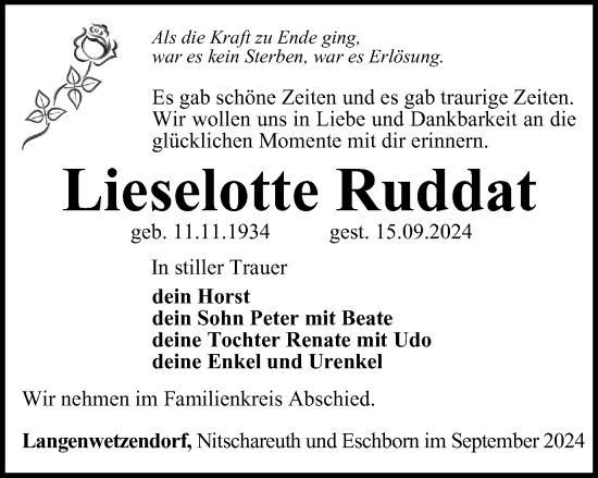 Traueranzeige von Lieselotte Ruddat von Ostthüringer Zeitung