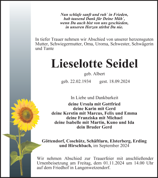 Traueranzeige von Lieselotte Seidel