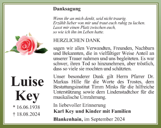 Traueranzeige von Luise Key von Thüringer Allgemeine, Thüringische Landeszeitung