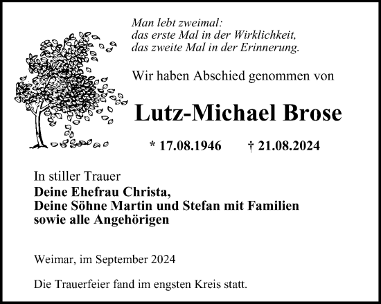 Traueranzeige von Lutz-Michael Brose von Thüringer Allgemeine, Thüringische Landeszeitung