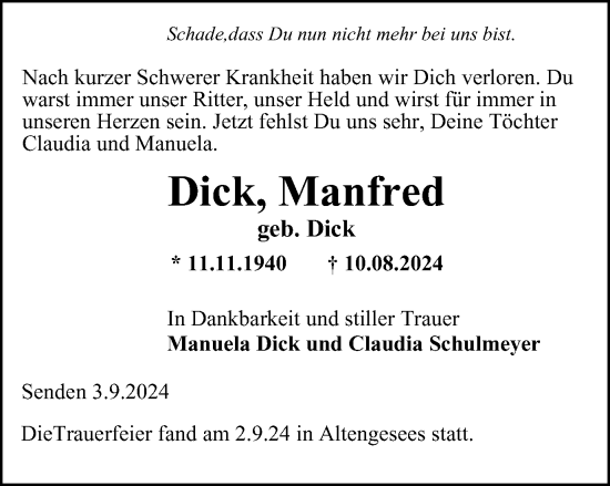 Traueranzeige von Manfred Dick von Ostthüringer Zeitung