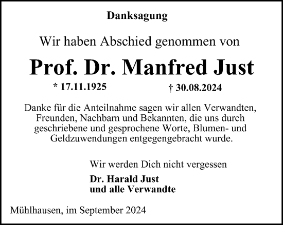 Traueranzeige von Manfred Just von Thüringer Allgemeine, Thüringische Landeszeitung