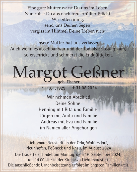 Traueranzeige von Margot Geßner von Ostthüringer Zeitung