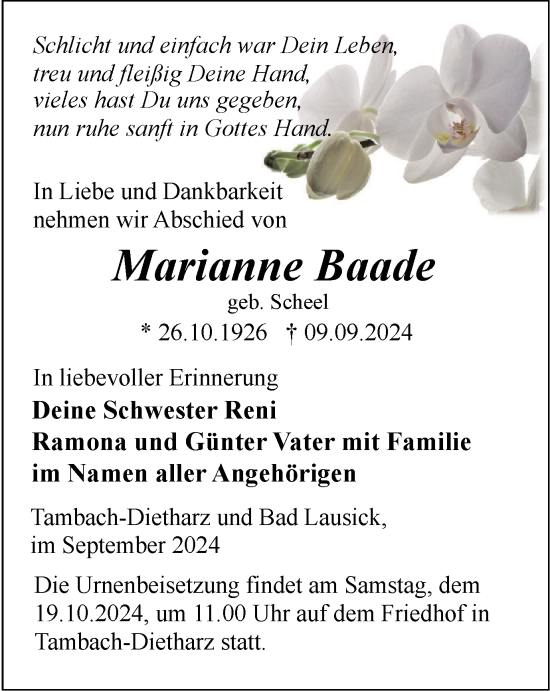 Traueranzeige von Marianne Baade von Thüringer Allgemeine, Thüringische Landeszeitung