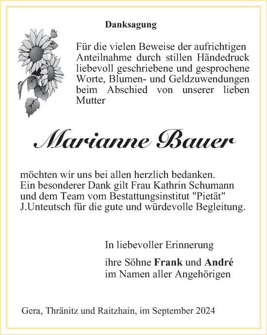 Traueranzeige von Marianne Bauer von Ostthüringer Zeitung