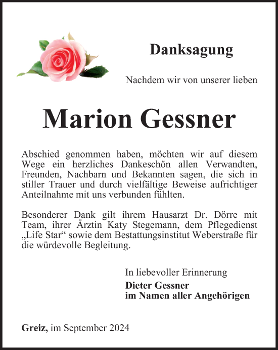 Traueranzeige von Marion Gessner von Ostthüringer Zeitung