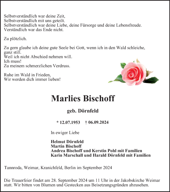 Traueranzeige von Marlies Bischoff von Thüringer Allgemeine, Thüringische Landeszeitung