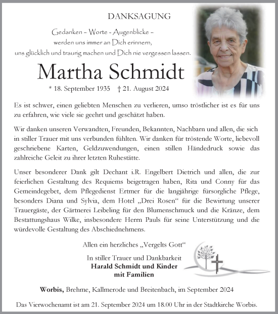 Traueranzeige von Martha Schmidt von Thüringer Allgemeine