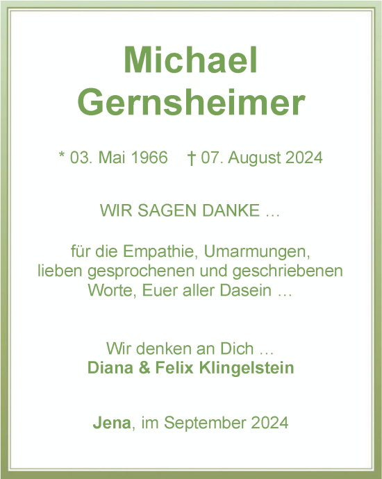 Traueranzeige von Michael Gernsheimer von Ostthüringer Zeitung, Thüringische Landeszeitung