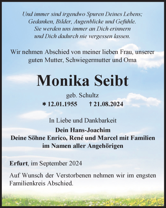 Traueranzeige von Monika Seibt von Thüringer Allgemeine, Thüringische Landeszeitung