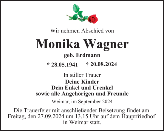 Traueranzeige von Monika Wagner von Thüringer Allgemeine, Thüringische Landeszeitung