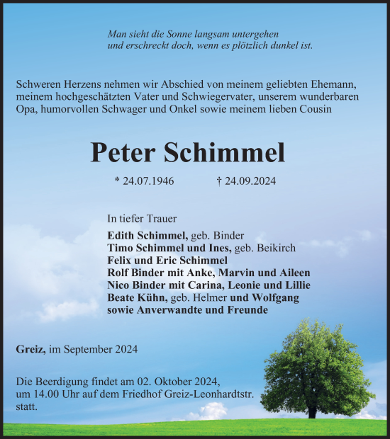 Traueranzeige von Peter Schimmel von Ostthüringer Zeitung