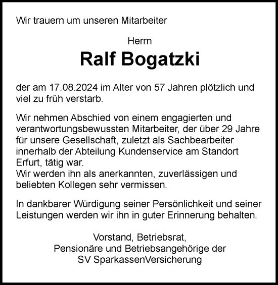 Traueranzeige von Ralf Bogatzki