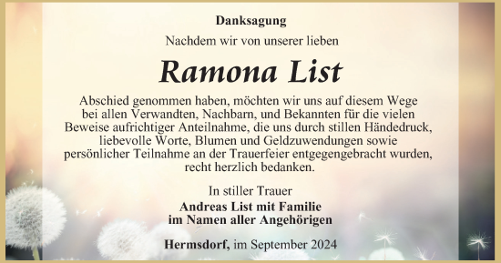 Traueranzeige von Ramona List von Ostthüringer Zeitung