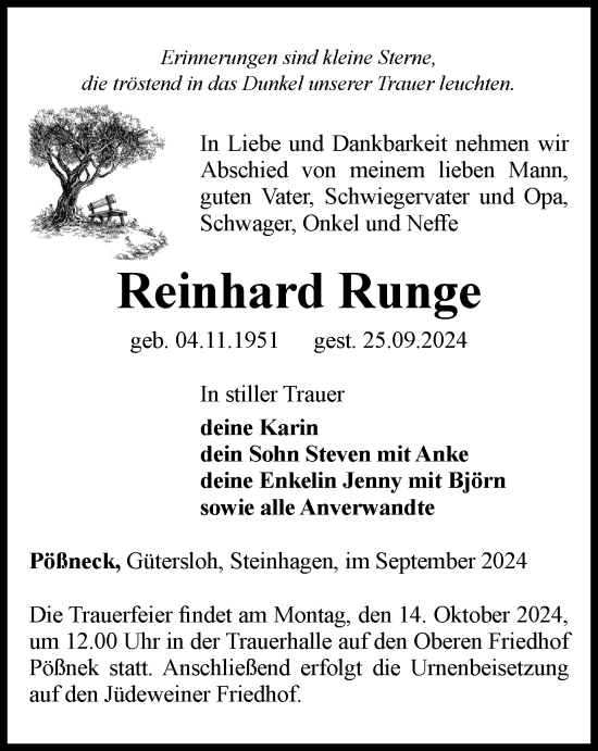 Traueranzeige von Reinhard Runge von Ostthüringer Zeitung