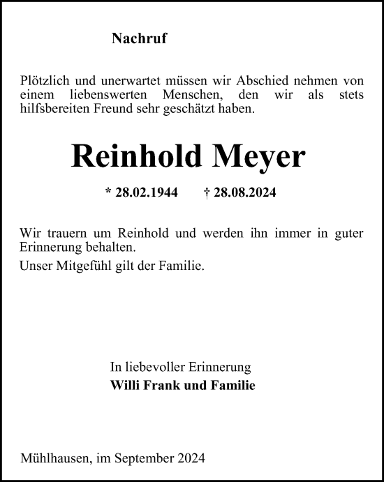 Traueranzeige von Reinhold Meyer von Thüringer Allgemeine, Thüringische Landeszeitung