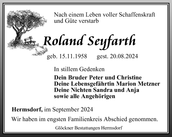 Traueranzeige von Roland Seyfarth von Ostthüringer Zeitung