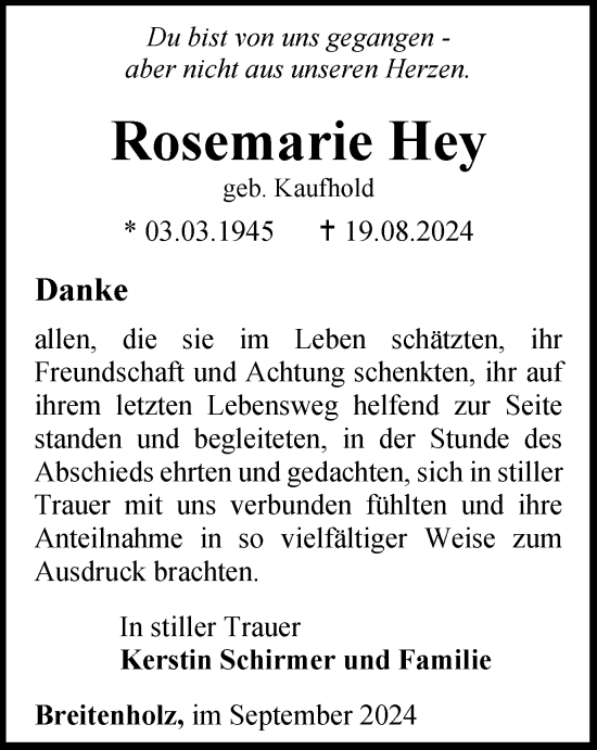 Traueranzeige von Rosemarie Hey von Thüringer Allgemeine